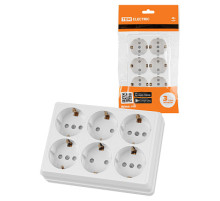 TDM Розетка шестиместная 2П+3 открытой установки IP20 16A с защитными шторками белая 