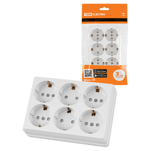 TDM Розетка шестиместная 2П+3 открытой установки IP20 16A с защитными шторками белая 