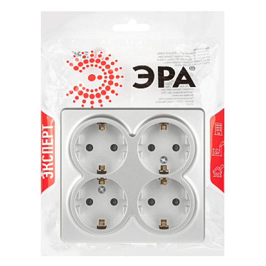 Розетка ЭРА Эксперт 11-2211-03 четверная с заземлением 4х2P+E Schuko со шторками IP20 16A-250В ОУ алюминий