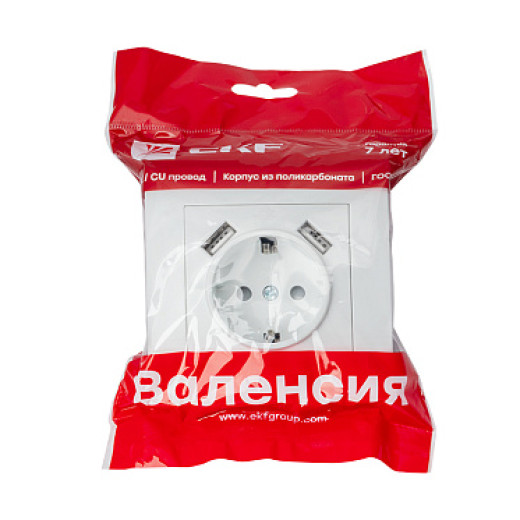 EKF PROxima Валенсия розетка 1-местная с/з 16А белая с защ. штор. с 2 USB 2,1А