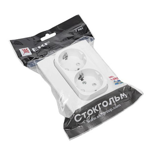 EKF PROxima Стокгольм Розетка 2-ая с/з 16А белая со шторками