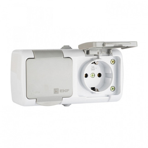EKF PROxima Мурманск Розетка 2-местная 16А с заземлением с крышкой IP54 серый с защитными шторками