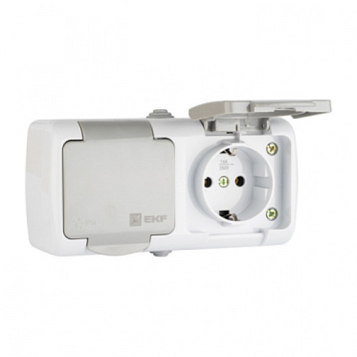 EKF PROxima Мурманск Розетка 2-местная 16А с заземлением с крышкой IP54 серый с защитными шторками