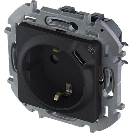 Legrand/Daccord INSPIRIA Антрацит Розетка 2К+З немецкий стандарт 16А 250В со встроенным зарядным устройством USB C 1.5А 5В
