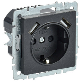 IEK BRITE BASE Черный Розетка с з/к/ш 16А с USB A+A 2,1А РЮш10-1-БрЧ