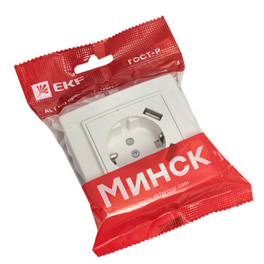EKF Basic Минск Белый Розетка с/з, со шторками, 16А, с 2 USB 2,1А, СП