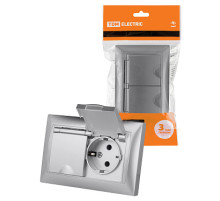 TDM Розетка двойная 2П+З 16А 250В IP44 с защ. шт. с крышкой серебр. металлик 