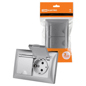 TDM Розетка двойная 2П+З 16А 250В IP44 с защ. шт. с крышкой серебр. металлик 