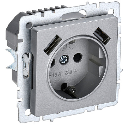 IEK BRITE BASE Алюминий Розетка с з/к/ш 16А с USB A+A 2,1А РЮш10-1-БрА