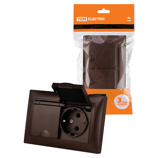 TDM Розетка двойная 2П+З 16А 250В IP44 с защ. шт. с крышкой шоколад 