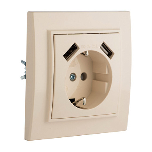EKF Basic Минск Бежевый Розетка с/з, со шторками, 16А, с 2 USB 2,1А, СП