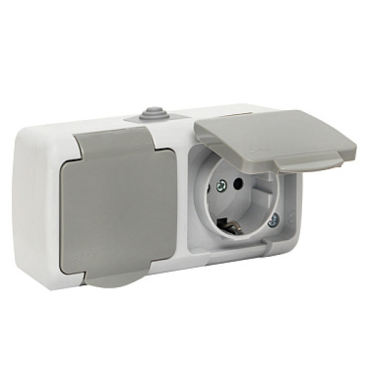 EKF PROxima Мурманск Розетка 2-местная 16А с заземлением с крышкой IP54 серый с защитными шторками