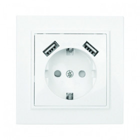 EKF Basic Минск Белый Розетка с/з, со шторками, 16А, с 2 USB 2,1А, СП