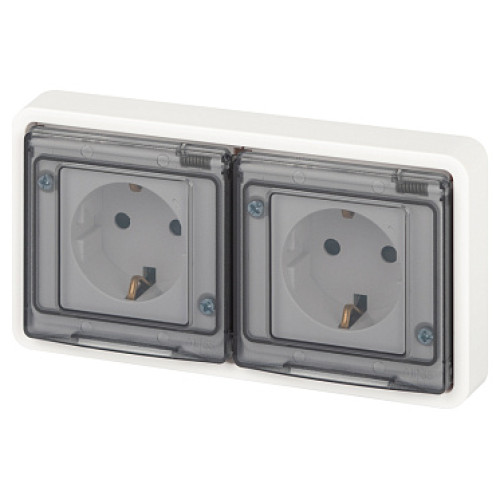 Розетка ЭРА Эксперт 11-2524-01 двойная с заземлением с крышкой 2х2P+E горизонт. IP55 шторки 16A-250В СУ белый
