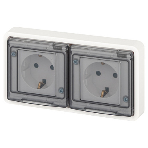 Розетка ЭРА Эксперт 11-2524-01 двойная с заземлением с крышкой 2х2P+E горизонт. IP55 шторки 16A-250В СУ белый