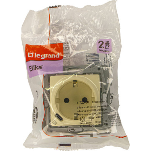 Legrand Etika Слоновая кость  Розетка с/з со шт. 16А 250В с USB тип C 1500мА 7,5Вт безвинтовые зажимы
