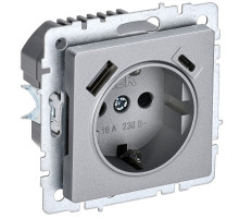 IEK BRITE BASE Алюминий Розетка с з/к/ш 16А с USB A+C 18Вт РЮш11-1-БрА