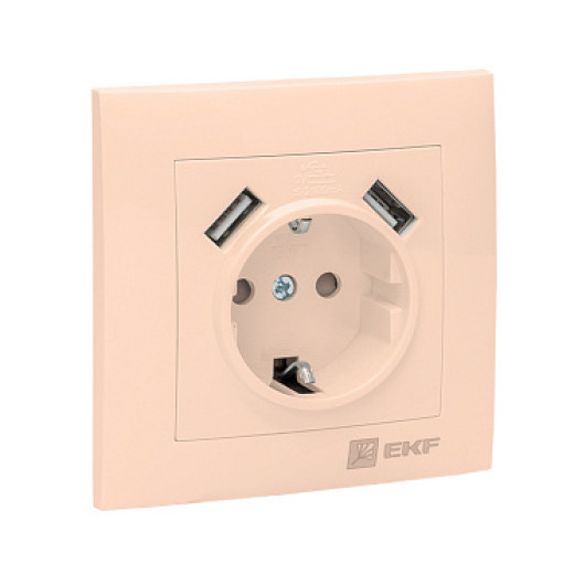 EKF PROxima Валенсия розетка 1-местная с/з 16А кремовая с защ. штор. с 2 USB 2,1А