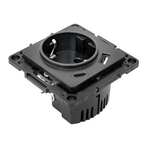 EKF Стокгольм Механизм Розетки 1-местной с/з, USB A+C 16А винтовые клеммы черный с защ. штор.