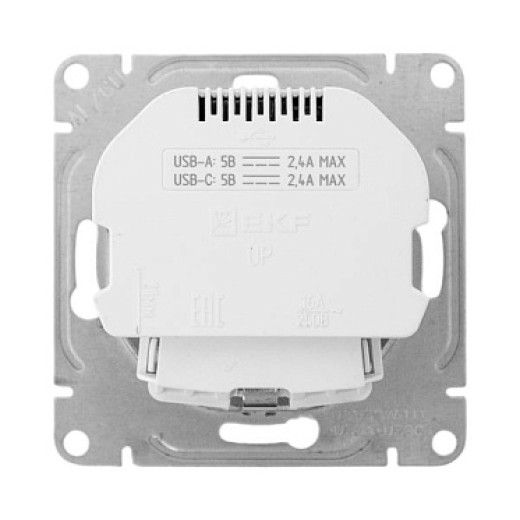 EKF Эпика Механизм розетки с USB-A+С - 2шт, 16А, с заземлением, со шторками, алюминий