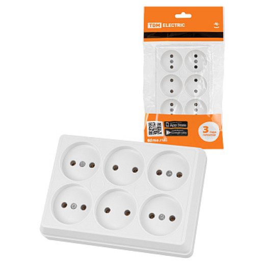 TDM Розетка шестиместная 2П открытой установки IP20 10A белая 