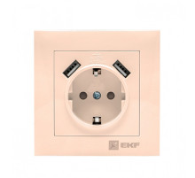 EKF PROxima Валенсия розетка 1-местная с/з 16А кремовая с защ. штор. с 2 USB 2,1А