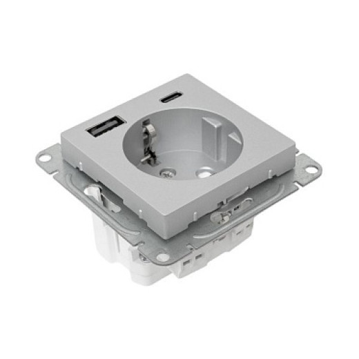 EKF Эпика Механизм розетки с USB-A+С - 2шт, 16А, с заземлением, со шторками, белый