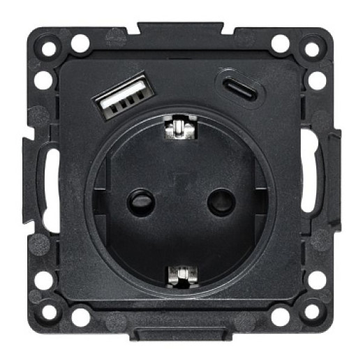 EKF Стокгольм Механизм Розетки 1-местной с/з, USB A+C 16А винтовые клеммы черный с защ. штор.