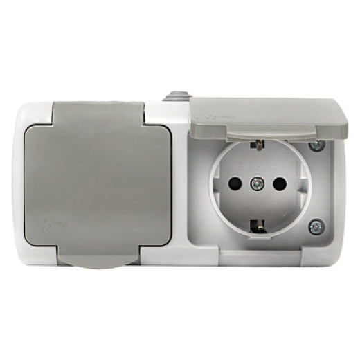 EKF PROxima Мурманск Розетка 2-местная 16А с заземлением с крышкой IP54 серый с защитными шторками
