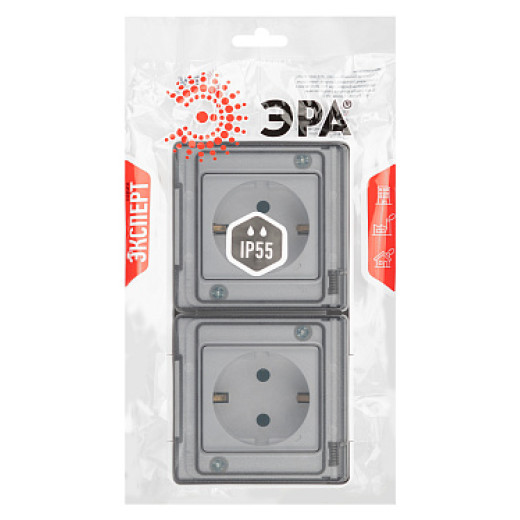 ЭРА Розетка Эксперт 11-2503-01 2х2P+E гориз. IP55, 16A-250В, ОУ, белый