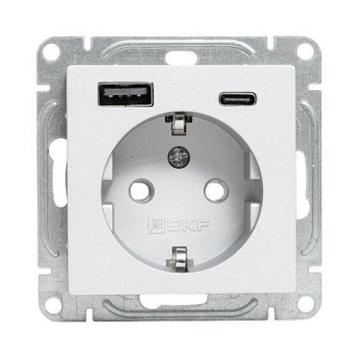 EKF Эпика Механизм розетки с USB-A+С - 2шт, 16А, с заземлением, со шторками, белый