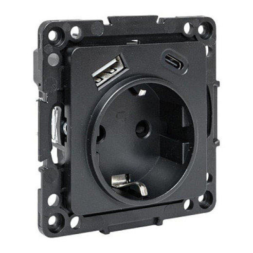 EKF Стокгольм Механизм Розетки 1-местной с/з, USB A+C 16А винтовые клеммы черный с защ. штор.