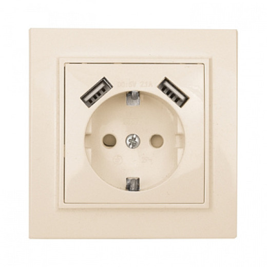 EKF Basic Минск Бежевый Розетка с/з, со шторками, 16А, с 2 USB 2,1А, СП