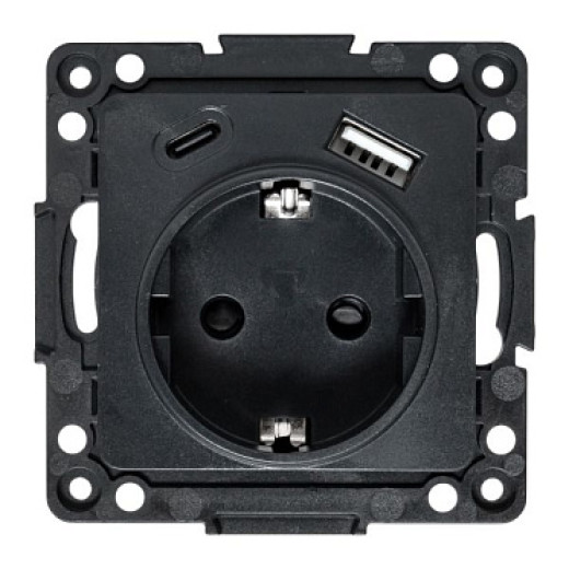EKF Стокгольм Механизм Розетки 1-местной с/з, USB A+C 16А винтовые клеммы черный с защ. штор.