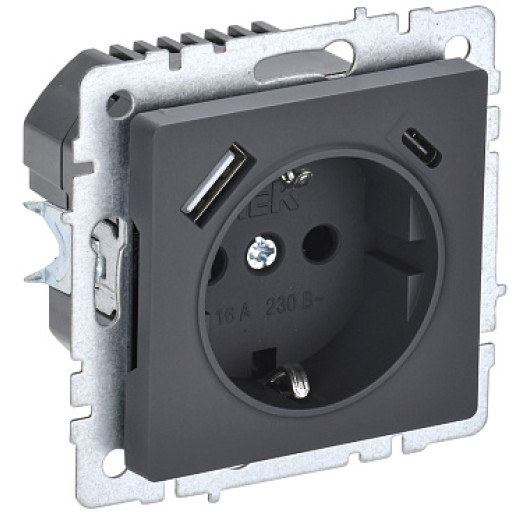 IEK BRITE BASE Графит Розетка с з/к/ш 16А с USB A+C 18Вт РЮш11-1-БрГ