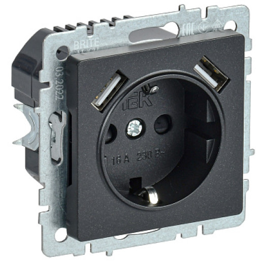 IEK BRITE BASE Черный Розетка с з/к/ш 16А с USB A+A 3,1А РЮш10-2-БрЧ