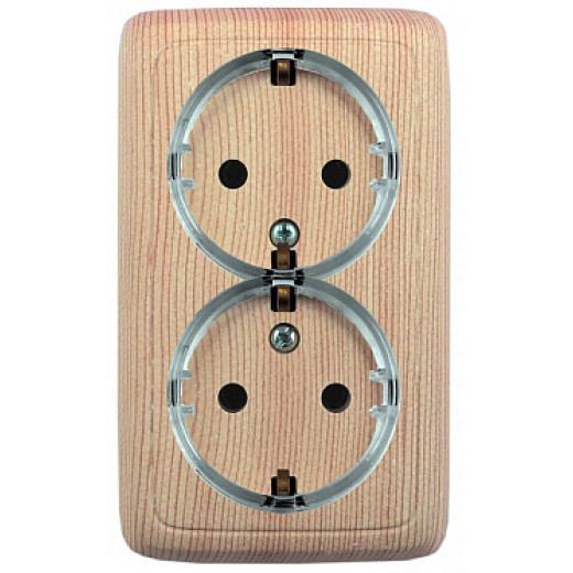 Hegel Альфа наруж Сосна РА16-184-02 Розетка с/з двойная, со шторками, с изол. пластиной