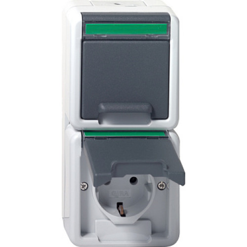 Gira Двойная розетка с з/к IP44. вертикальный блок с полем для надписи. устойчивая к парам аммиака
