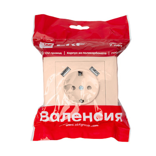 EKF PROxima Валенсия розетка 1-местная с/з 16А кремовая с защ. штор. с 2 USB 2,1А