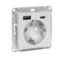 EKF Эпика Механизм розетки с USB-A+С - 2шт, 16А, с заземлением, со шторками, белый