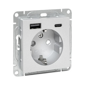 EKF Эпика Механизм розетки с USB-A+С - 2шт, 16А, с заземлением, со шторками, белый