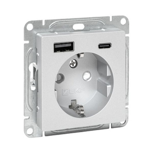 EKF Эпика Механизм розетки с USB-A+С - 2шт, 16А, с заземлением, со шторками, белый