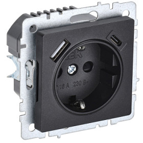 IEK BRITE BASE Черный Розетка с з/к/ш 16А с USB A+C 18Вт РЮш11-1-БрЧ