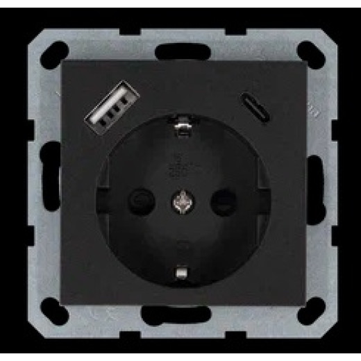 Jasmart G Антрацит Розетка с/з со шторками 16A c USB A+C 25W
