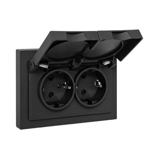 EKF Эпика Механизм розетки двойной, 16А, IP44, с заземлением, со шторками, с рамкой, с крышками, чёрный