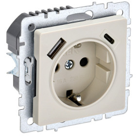 IEK BRITE BASE Бежевый Розетка с з/к/ш 16А с USB A+C 18Вт РЮш11-1-БрКр