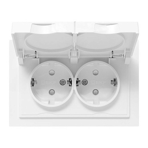 EKF Эпика Механизм розетки двойной, 16А, IP44, с заземлением, со шторками, с рамкой, с крышками, белый