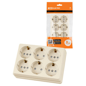 TDM Розетка шестиместная 2П+3 открытой установки IP20 16A с защитными шторками сл.кость 