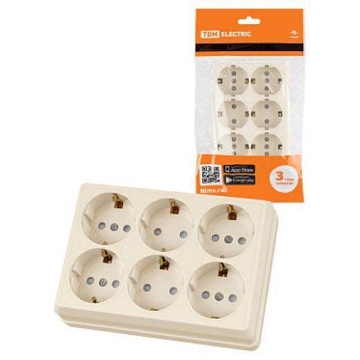 TDM Розетка шестиместная 2П+3 открытой установки IP20 16A с защитными шторками сл.кость 