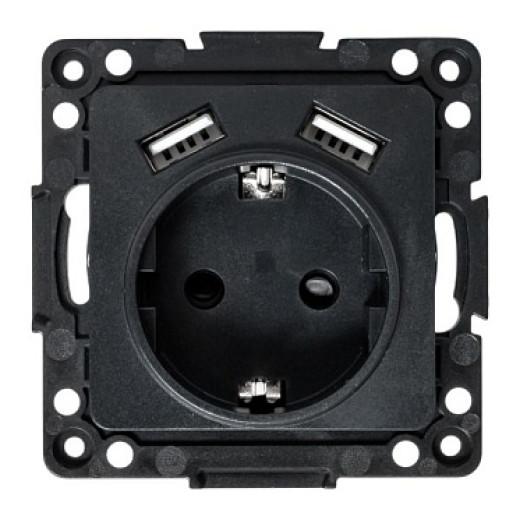 EKF Стокгольм Механизм Розетки 1-местной с/з, USB 2A 16А винтовые клеммы черный с защ. штор.